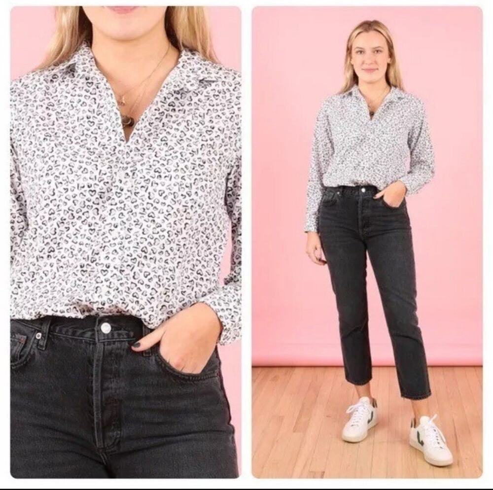 Frank & Eileen Small Grey Hearts Button Up Shirt Office Work Business Romantic